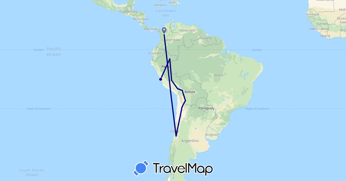 TravelMap itinerary: driving in Bolivia, Chile, Colombia, Peru (South America)